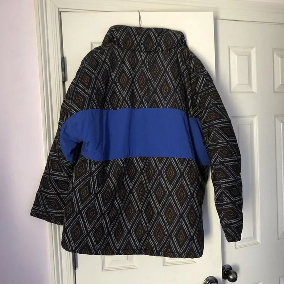 Zara Man Black Color Block Cobalt Blue Aztec Print Puffer Jacket Coat Size Large - Picture 5 of 9